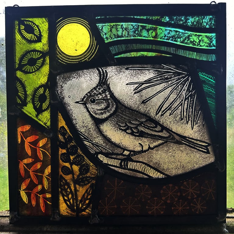 Crested Tit and Honesty Stained Glass Panel